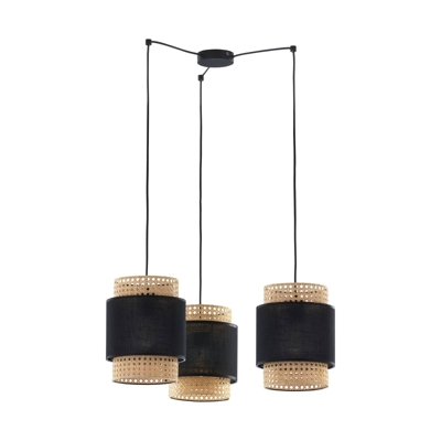 Lámpara colgante Boho, redondo 3 luces negro/ratán