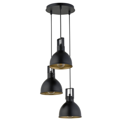 Lámpara colgante Trial, 3 luces redondo negro/oro características