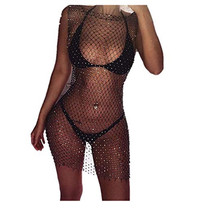 BellyAnna Cubierta de bikini de malla con diamantes brillantes y brillantes, color negro
