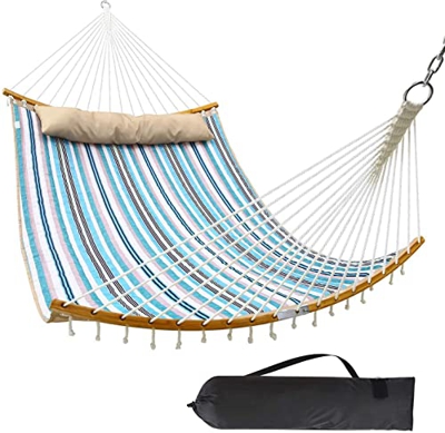 QUANLI Hamacas portátiles de 11 pies con Barra esparcidora de bambú Plegable y Almohada Hamaca Grande para 2 Personas para Interior y Exterior Capacid