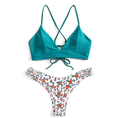 ZAFUL Conjunto de bikini para mujer trenzado, acolchado, diseño floral, verde, XL
