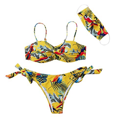 Sylar Conjunto de Bikini 3 Piezas para Mujer Bikini Mujer Push Up con Relleno Estampado Hojas Traje de Baño Mujer Dos Piezas Cuello Hálter Bañadores d