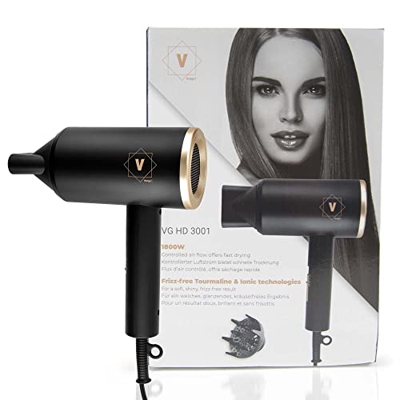 Secador de cabello iónico Venga!, 2 velocidades, 3 accesorios, Cool Shot, 1800 W, Negro/Oro, VG HD 3001