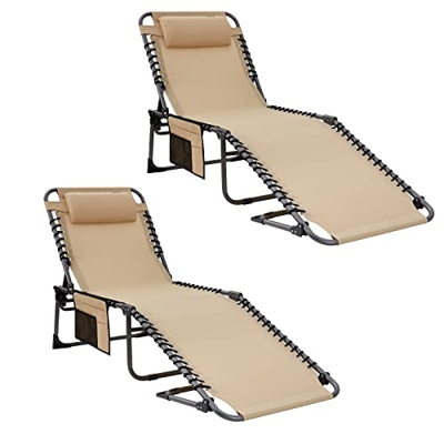 KingCamp Juego de 2 tumbonas de camping, con almohada y bolsillo lateral, soporta hasta 120 kg, 4 posiciones, hasta 120 kg, para exteriores, viajes, j