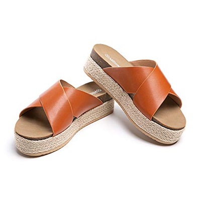Sandalias Mujer Alpargatas Cuña Plataforma Chanclas Verano Playa Zapatillas de Cinturón Cruzado Punta Abierta Tacón 5.3 cm 1-Claro-Marrón EU39