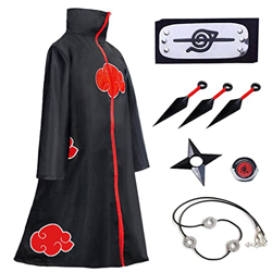 Noe Disfraz de Itachi Uchiha (Akatsuki) Cosplay Capa Larga de Akatsuki Diadema de Leaf Village Anillo de Akatsuki Collar de Shuriken para Halloween, N características