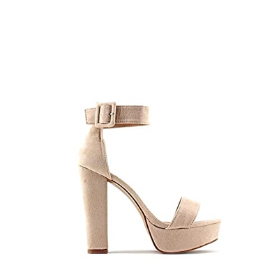 Modelisa - Sandalia Tacón Ancho Alto Con Plataforma Hebilla Boda Fiesta Mujer (Nude, numeric_38)