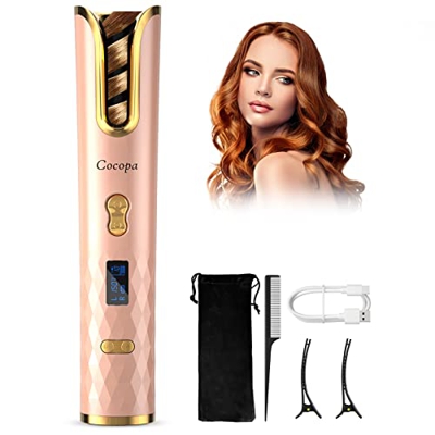 Rizador de pelo rosa Cocopa Rizador de pelo, rizador de pelo automático con pantalla LCD y recargable USB, rizador de pelo inalámbrico ajustable tempe