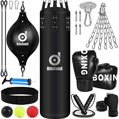 Odoland Saco de Boxeo 120cm Sin Relleno con Doppelendball, Guantes de Boxeo, Boxing Reflex Ball, Vendas boxeo, Cuerda para Saltar y Cadena, Sets de Bo