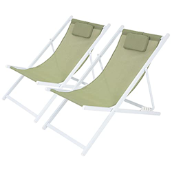 ECD Germany 2X Silla de Playa Aluminio 4 Posiciones de Reclinación Plegable Tumbona Tradicional de Sol para Jardín o Balcón Blanco Verde con Almohada  en oferta