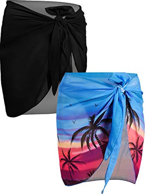 2 Piezas de Pareo de Playa de Mujeres Cubiertas Sarong Falda de Gasa de Bañador (Palma de Coco Negra y Azul)