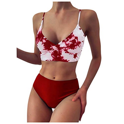 TUDUZ Bikinis de Mujer Verano Boho Tie Dye Estampado Bikini Conjunto en Dos Piezas Ropa de Baño Push Up Tops Tankini de Baño Traje Correa de Hombro Aj