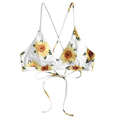 ZAFUL Bikini acolchado con estampado de girasol, tirantes finos, con lazo, para mujer, amarillo-1, S
