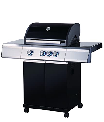 Tarrington House Barbacoa de gas Paxton de 3 fuegos, acero inoxidable/hierro esmaltado, 115 x 124 x 54 cm, con quemadores laterales, móvil, negro
