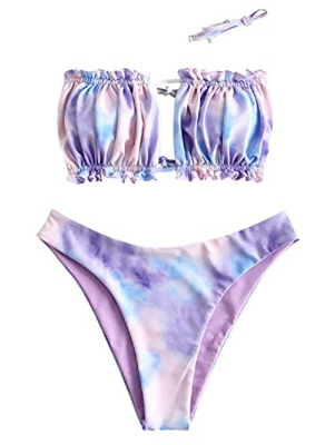 ZAFUL Conjunto de Bikini para Mujer，Traje de baño de Bikini con Estampado Animal con Volantes y Lazo