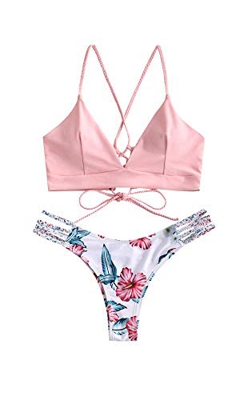 Conjunto de bikini Zaful para mujer compuesto por dos piezas con sujetador ajustable en la espalda y efecto realzador, escote triangular y estampado d