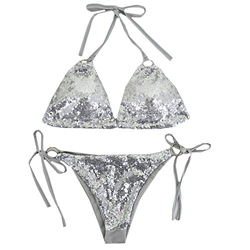 Taigood Mujeres Sexy Halter Bikini Establece Dos Piezas triángulo Vendaje de Lentejuelas Push Up Bikini Traje de baño de Plata-L características