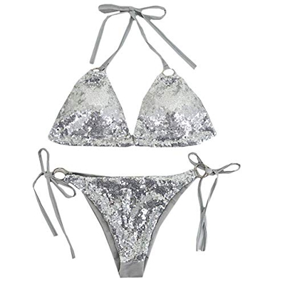 Taigood Mujeres Sexy Halter Bikini Establece Dos Piezas triángulo Vendaje de Lentejuelas Push Up Bikini Traje de baño de Plata-L