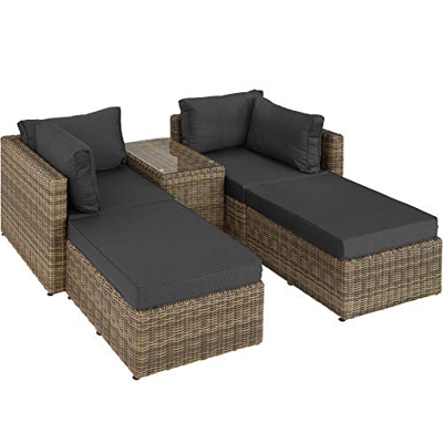 TecTake 800694 Sillón Doble de Ratán Aluminio, Muebles de Jardín, con Mesa, Multifunción, Combinación Versátil, Incl. Cojines (Natural | No. 403168)