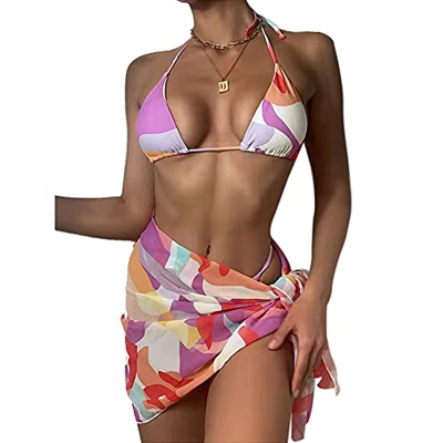 Yyyuluo Mujer Ropa de Baño Bikinis Conjuntos - Traje de Baño de 3 Piezas Gasa Ropa de Playa Estampado Bikini Tanga Cuello en V Juego de Bikini Falda d