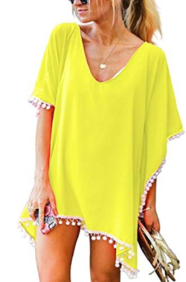 UMIPUBO Mujer Ropa de Baño Suelto Vestido de Playa Borla Verano Camisolas y Pareos Bikini Cover up (Amarillo)