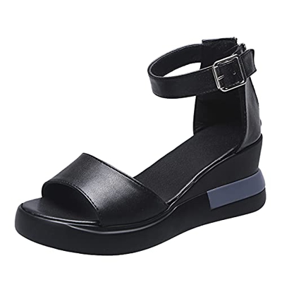 Ghemdilmn Sandalias de cuña para mujer, sandalias de cuña, zapatos de verano planos, sandalias de playa, Negro , 39 EU