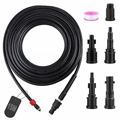 Mangueras para Limpiadoras a Presión, SWAWIS 15M 180 Bar Manguera de Drenaje con 5 Adaptadores para Limpiador de Alta Presión Kärcher/Lavor/Interpump/