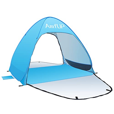 Amflip Tienda de Playa Pop Up para 1-3 Personas, Protección Solar UPF 50+ con Saco Terrero, Bolsa de Almacenamiento, Puertas de Doble Cremallera, Piqu