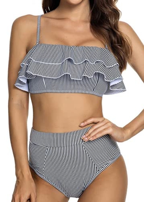 heekpek Bikini con Volantes a Rayas Top Palabra de Honor Relleno Braga Talle Alto para Mujer