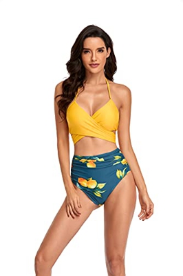 Aspiree Conjunto De Bikini para Mujer Cuello en V Bañador con Cuello Halter Cruzado Diseño Floral Cintura Alta Trajes de Baño Traje de Baño Bikini Set