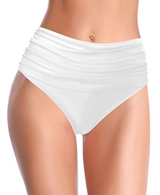 SHEKINI Shorts Natación para Mujer Traje de Baño Retro Abdominal Control Cintura Alta Negros Pliegues Bañador Clásico Bikini Bottoms(S，C-Blanco