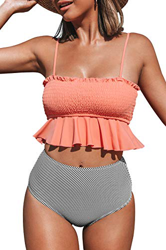 CUPSHE Conjunto de Bikini Bandeau Fruncido Cintura Alta Traje de Baño de Dos Pieza (Melocotón, Small) características