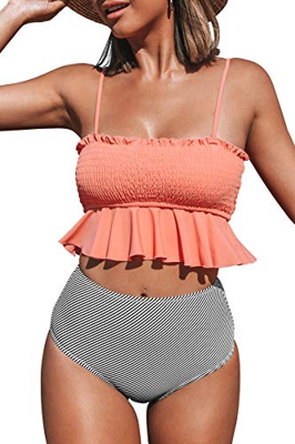 CUPSHE Conjunto de Bikini Bandeau Fruncido Cintura Alta Traje de Baño de Dos Pieza (Melocotón, Small)