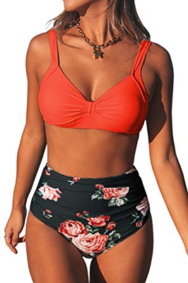 CUPSHE Conjunto de Bikini Fruncido Estampado Floral Cintura Alta Dos Piezas, Naranja-Negro,XL