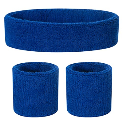 ONUPGO Juego de pulseras para el sudor para niños – Banda deportiva de algodón para deportes (1 diadema + 2 pulseras) (azul)