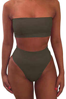 Viottiset Conjunto de bikini bandeau sin tirantes para mujer, traje de baño de talle alto, talla XL, verde militar