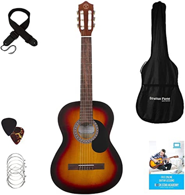 Guitarra clásica Stretton Payne de tamaño completo 4/4 (99 cm), paquete de guitarra acústica clásica de estilo español con cuerdas de nailon. Paquete 