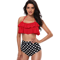 Voqeen Traje de Baño Conjunto de Bikini Mujer Cintura Alta Traje de Baño de Dos Piezas Volantes Estampado Ropa de Playa (Rojo + Lunares, M) características