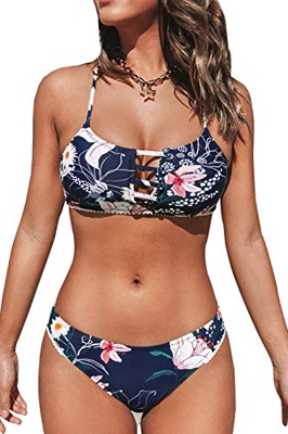 CUPSHE Bikini para mujer con banda ornamental, diseño tropical, bandeau, traje de baño de dos piezas azul marino M