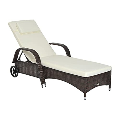 Outsunny Tumbona de Ratán de Jardín Chaise Longue con Respaldo Ajustable en 5 Posiciones Cojines Acolchados Reposacabezas y 2 Ruedas 200x73x56-103 cm 