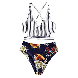 ZAFUL Bikini cruzado para mujer, diseño floral a rayas azul S en oferta