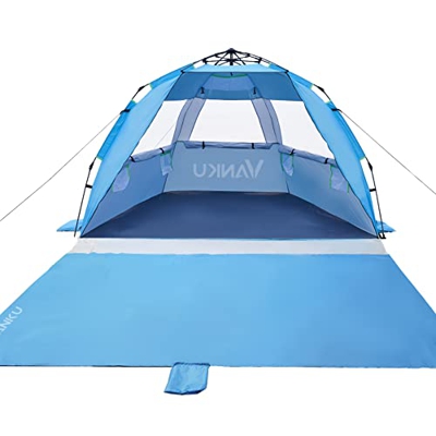 Vanku Tienda de Playa, Tienda de Campaña 4 Personas, Sistema Instantáneo, Revestimiento de Pegamento Plateado UPF 50+ (Azul)