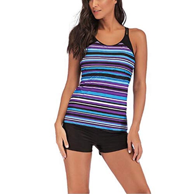 Chiatai Traje de baño de dos piezas para mujer, ajuste delgado, tankini con estampado de rayas, conjuntos de bikini
