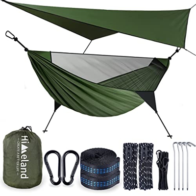Himeland Hamacas Jardin Ultra Ligera, Hamaca con Mosquitera y Tarp, Amacas de Exterior(275x140cm) Máx 200kg, Nylon Portátil Paracaídas Secado Rápido p