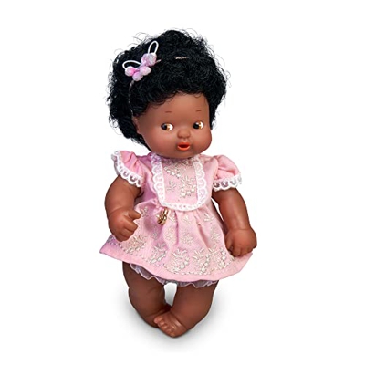 los Barriguitas - muñeca de Piel Morena y el Pelo Negro Rizado, Lleva un Accesorio en el Pelo a Juego con el Vestido Rosa con Bordados Blancos, 4 Mode