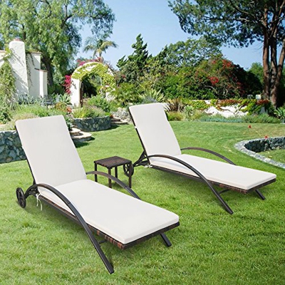 IKAYAA 3PCS Tumbonas de Jardin con Cojín Set 2 Tumbonas + 1 Mesa de Jardín,Juego de Muebles de Jardín,Patio Respaldo Ajustable MAX.120kg 200 * 57 * 30