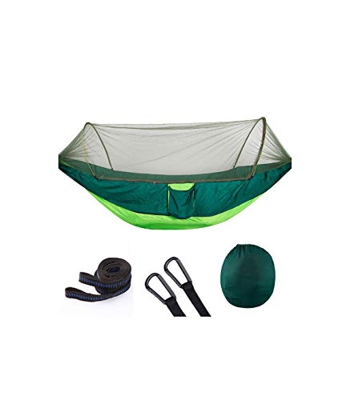 Grupo K-2 Riscko Hamaca con Mosquitero Azul y Verde de Nylon y Tela de Paracaídas Ligera con Malla y Cremallera Reversible para Camping de 290cm x 140