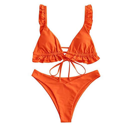 ZAFUL - Bikini Acolchado para Mujer, triángulo de Copa con Volantes, Corbata, Corte Alto