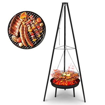 Parrilla Colgante Trípode, Parrilla Barbacoa de Carbón con Brasero por Exterior BBQ, Portatil Camping Barbacoa con 183cm Ajustable Cadena, Ideal para 