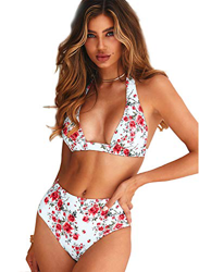 Bikini de Mujer Conjunto de 8 Piezas de Cuello Halter Traje de Baño de Estampado Floral de Cintura Alta para el Verano（Fiore,M características